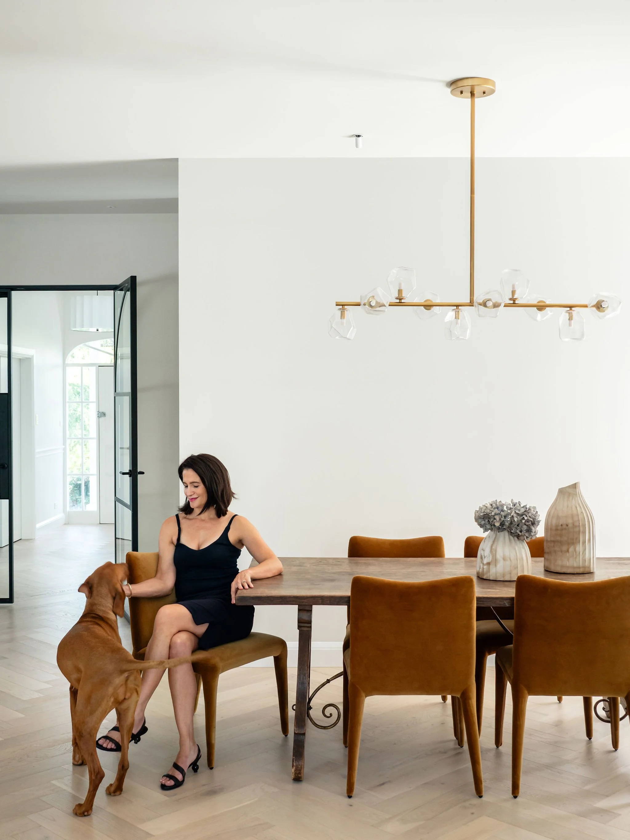 Woman in black dress sitting at a dining table, petting a brown dog in a modern, well-lit dining room with minimal decor and wooden furniture.