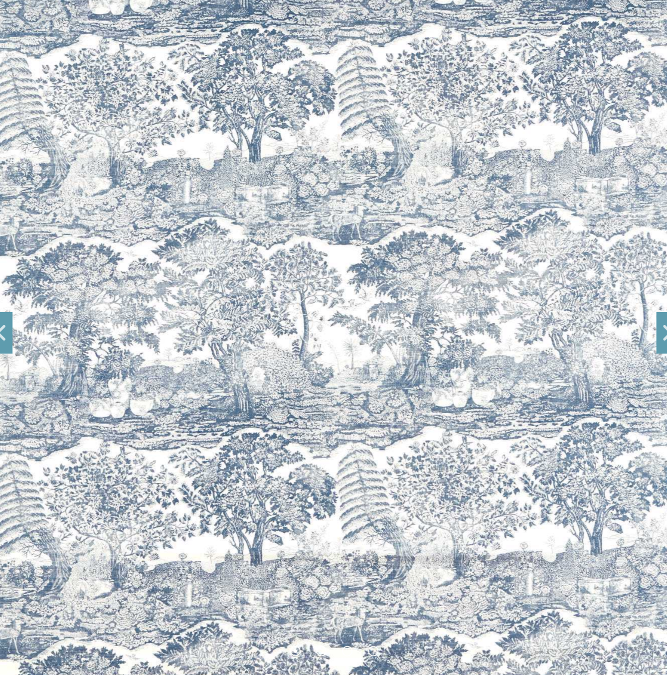 Pattern of a scenic landscape in blue and white, featuring trees, plants, small houses, and animals like cows and a dog.