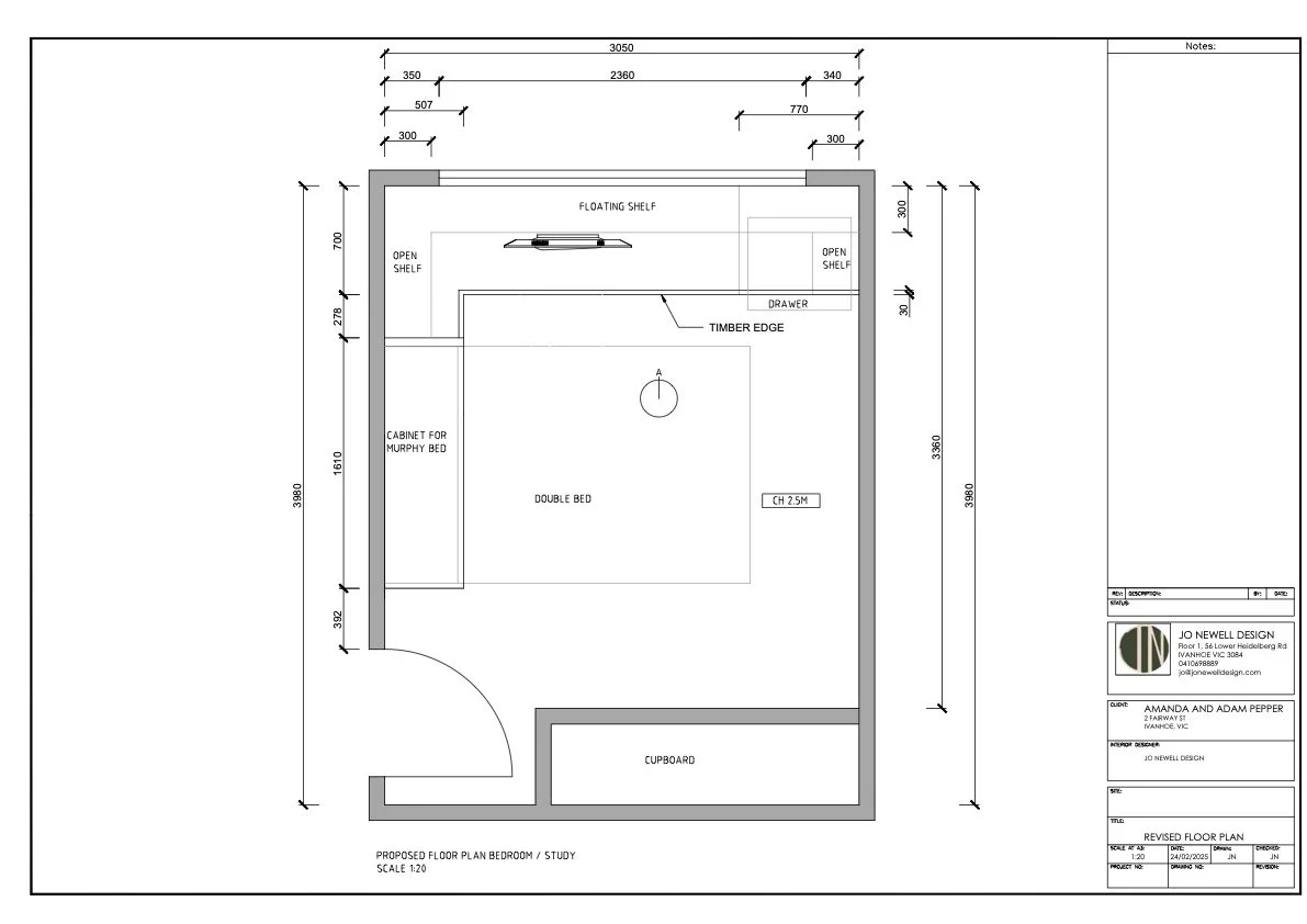 Floor plan of a bedroom or study with a double bed, cabinets, floating shelves, open shelves, a drawer, a timber edge, and a cupboard. Includes dimensions and notes.
