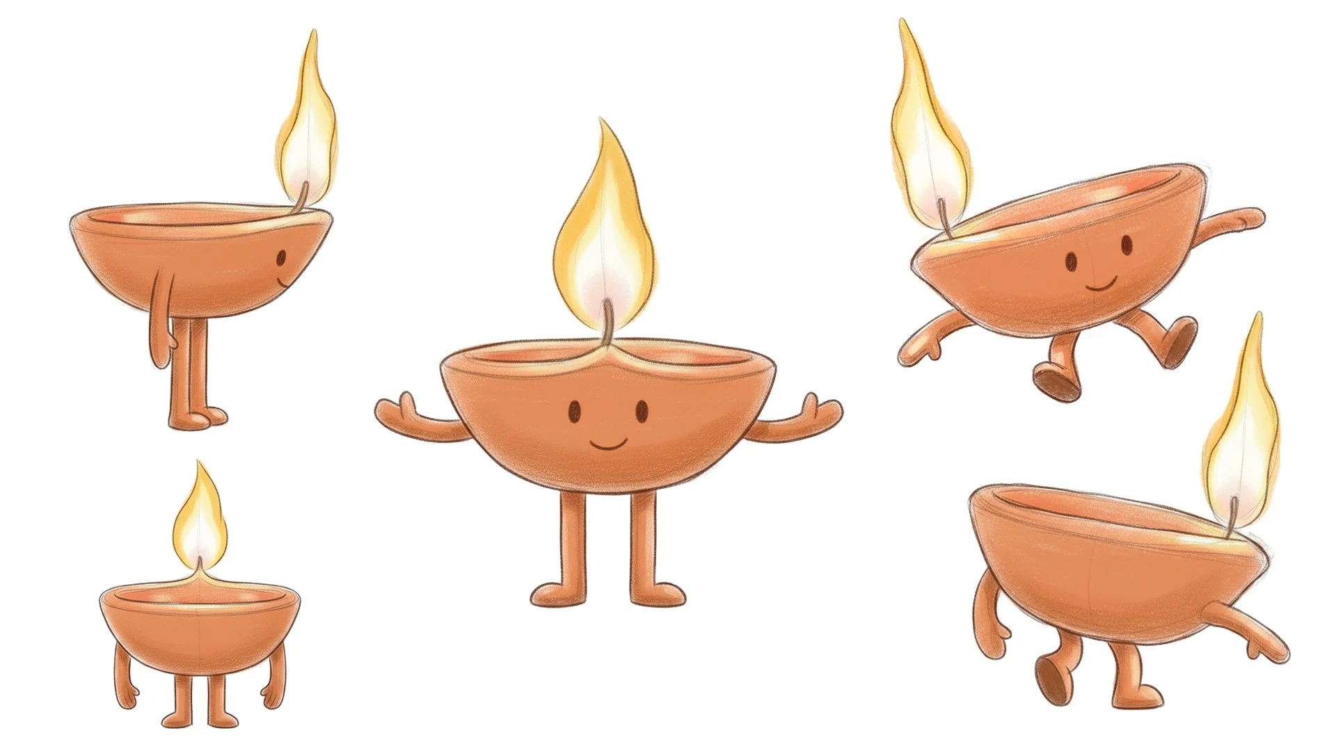 poses of Diwali mascot for pinterest with smiling faces, arms, and legs, in various poses, with flames on top.