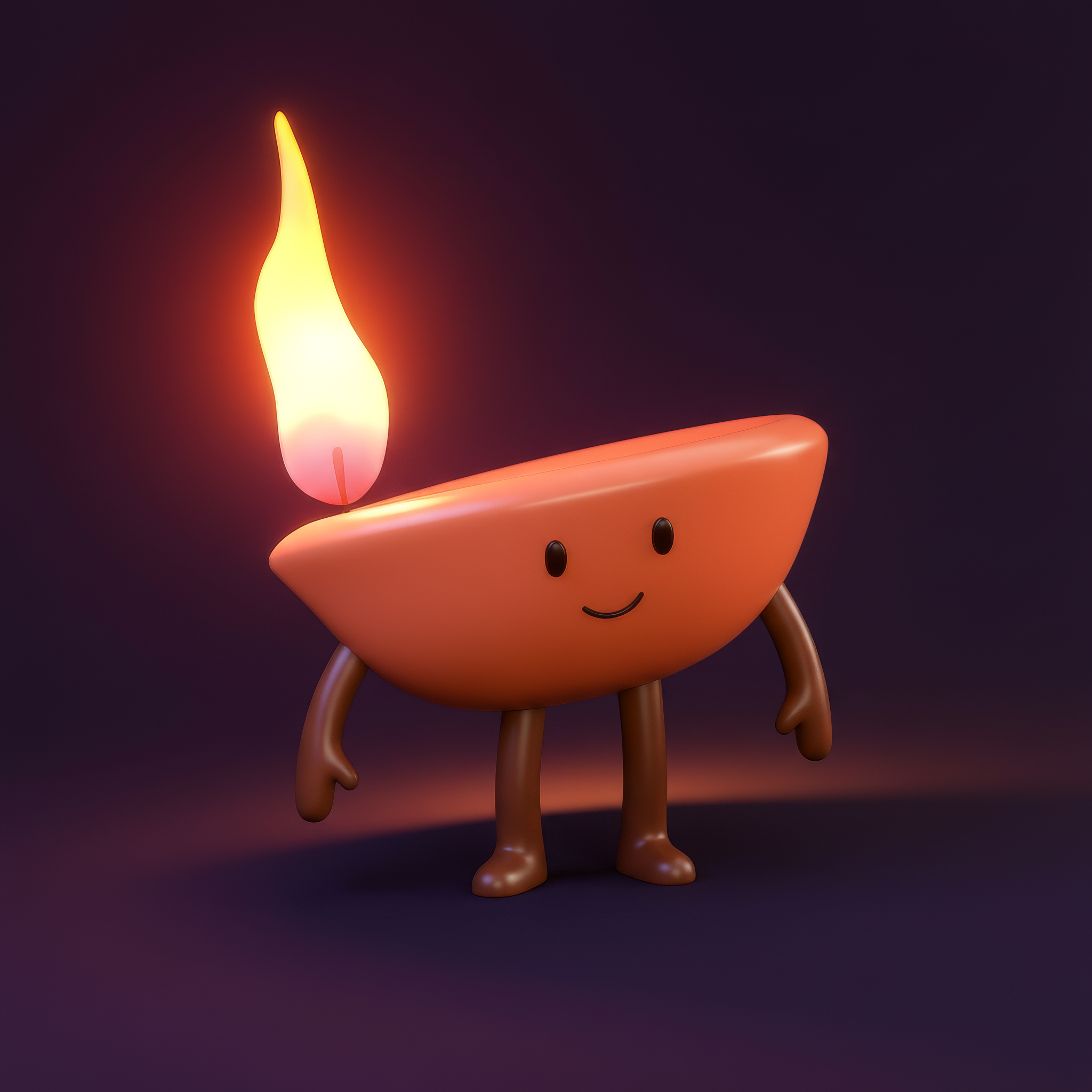 Animated cartoon of a happy anthropomorphic oil lamp with a smiling face, brown legs and arms, and a burning flame for a head, set against a dark background.