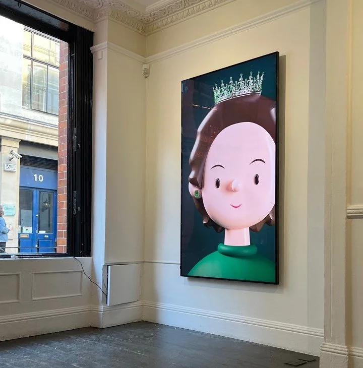 This is a large digital artwork or painting of a cartoon-style girl wearing a green top and a crown. The girl has a round head, short brown hair, small facial features, and is wearing green earrings.