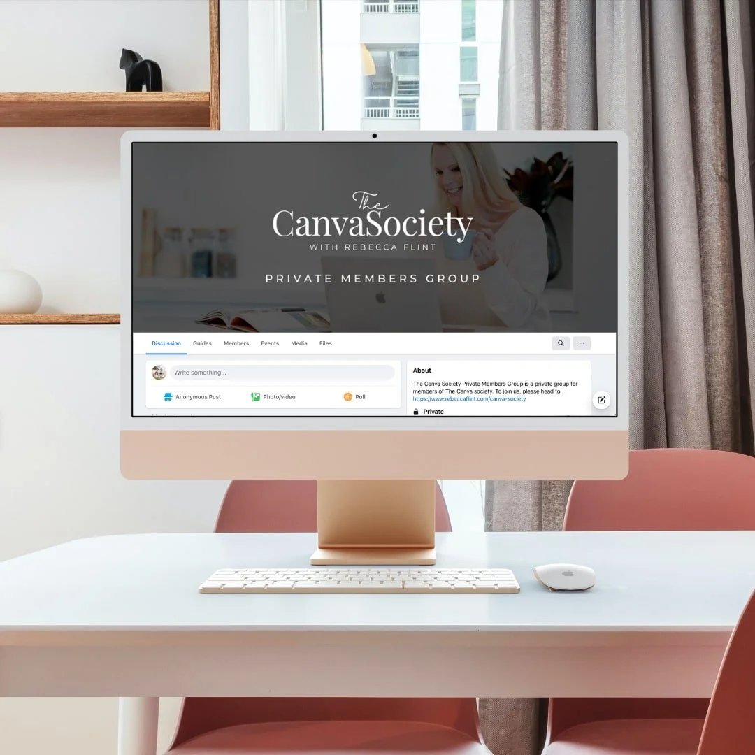 Computer screen displaying The Canva Society with Rebecca Flint private members group on Facebook in a bright room with pink chairs, a window, and curtains.