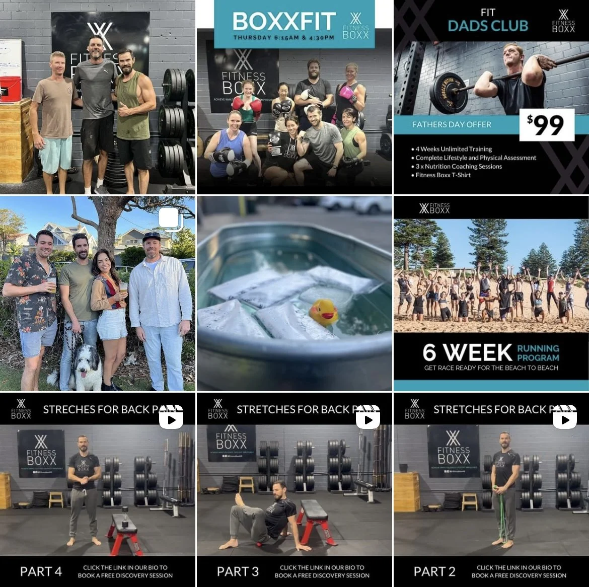 Collage of nine photos showcasing a fitness community. First row: group photos of people at a gym and outdoors, a promotional poster for fitness classes and a beach running program. Second row: close-up of ice cubes with a rubber duck in a tub, and group people on the beach celebrating. Third row: videos of a trainer demonstrating stretching exercises in a gym.