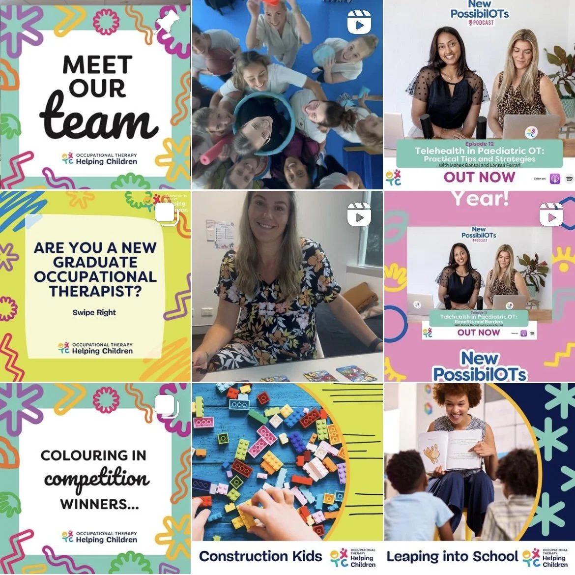 Collage of images related to occupational therapy for children. Includes team introduction, children playing with LEGO bricks, a woman in a floral dress at a table, and children listening to a story.
