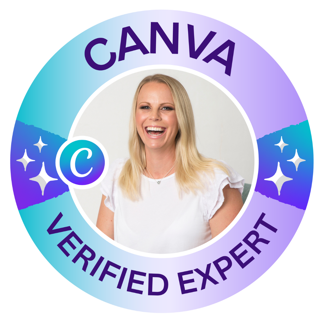 Circular badge featuring Rebecca Flint with blonde hair wearing a white top, surrounded by text that reads "CANVA VERIFIED EXPERT" with a purple and blue gradient background and star decorations. Rebecca's official badge as a Canva Verified Expert