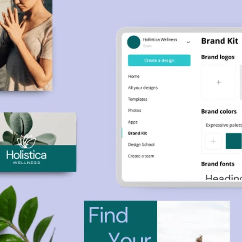 Digital screen displaying branding design interface for Holistica Wellness, including options for brand logos, colors, and fonts, surrounded by plants and promotional materials.