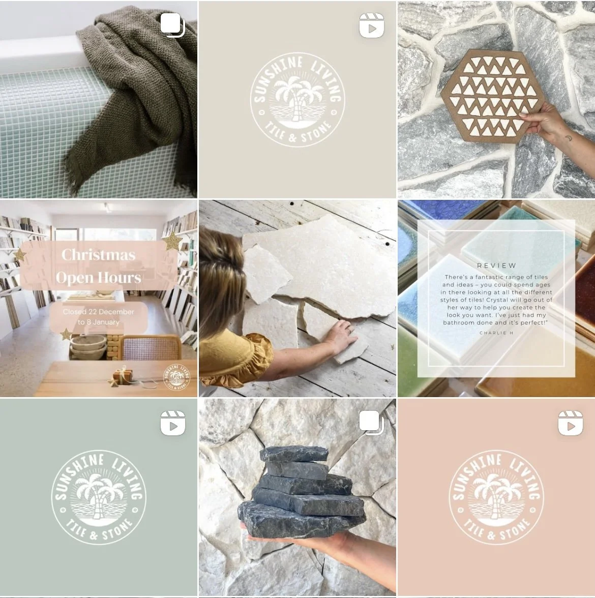 Collection of nine images showcasing home decor, tiles, and stone materials. Includes a person holding decorative stone, a siding with a towel, a geometric tile, a Christmas open hours sign in a library, a person handling natural stone tiles, tile color samples, a logo for Sunshine Living Tile & Stone, and a stack of black slate stones.
