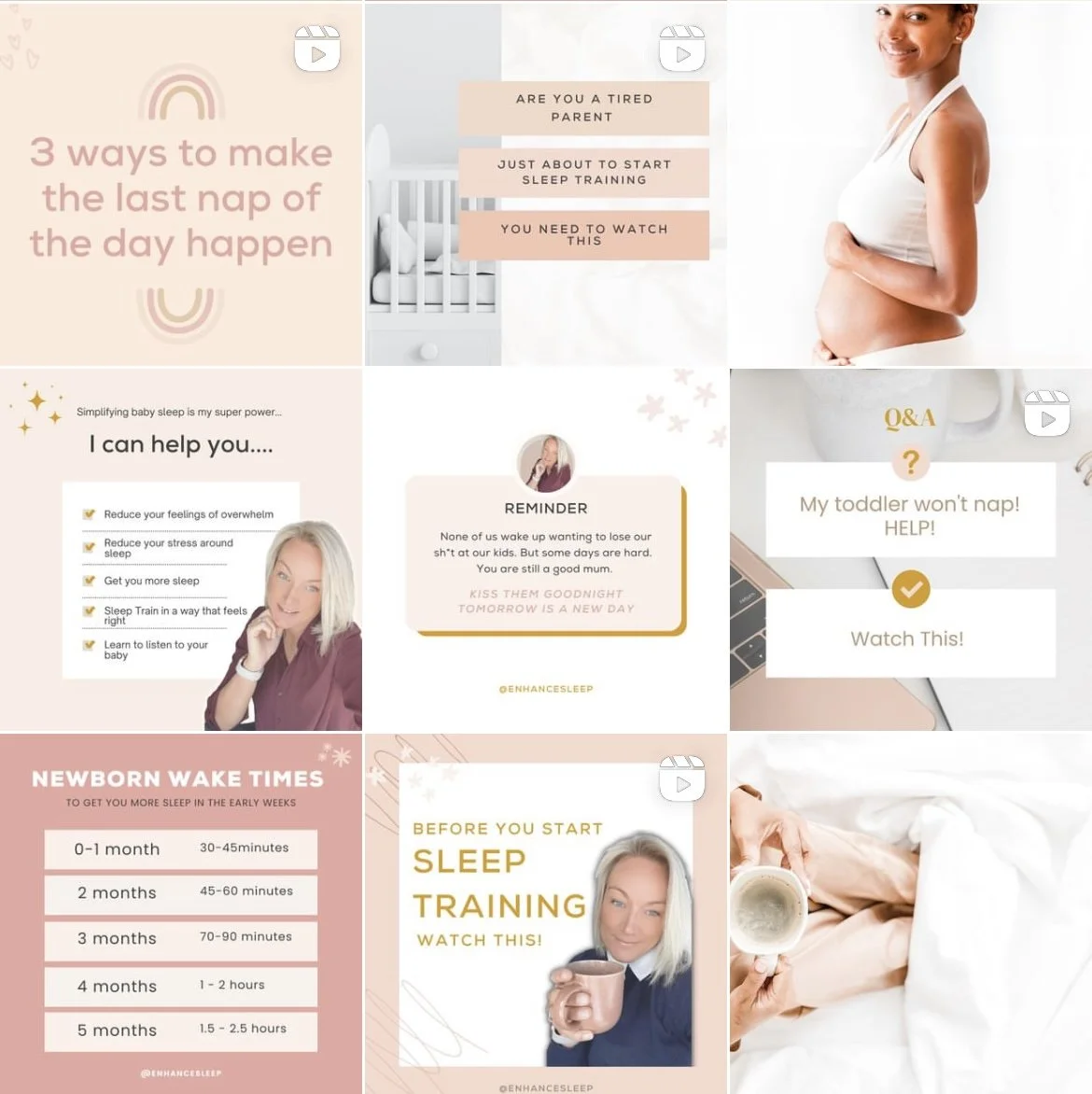 Collage of nine images related to sleep training and parent advice. Includes text about making the last nap of the day happen, tips for tired parents, a pregnant woman, a sleeping baby in a crib, a woman with a checklist of ways to help with baby sleep, a reminder note for parents, advice for toddler napping, newborn wake times chart, a woman with a coffee mug, and a hand holding a coffee mug in bed.