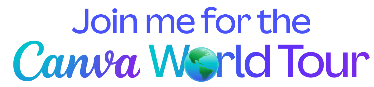 A promotional graphic encouraging viewers to join the Canva World Tour, featuring text and a globe icon.