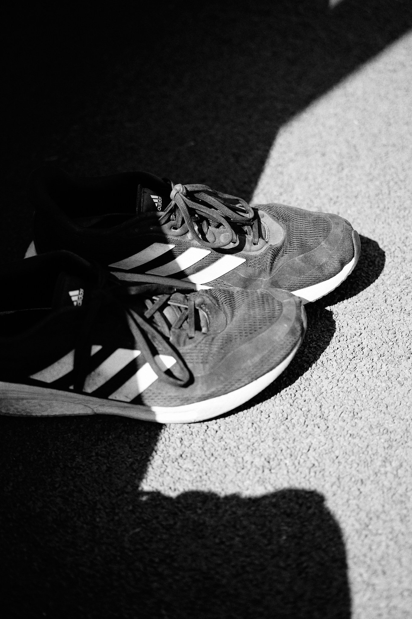 A pair of Adidas running shoes resting on a textured surface with a shadow cast across part of the shoes and surface.