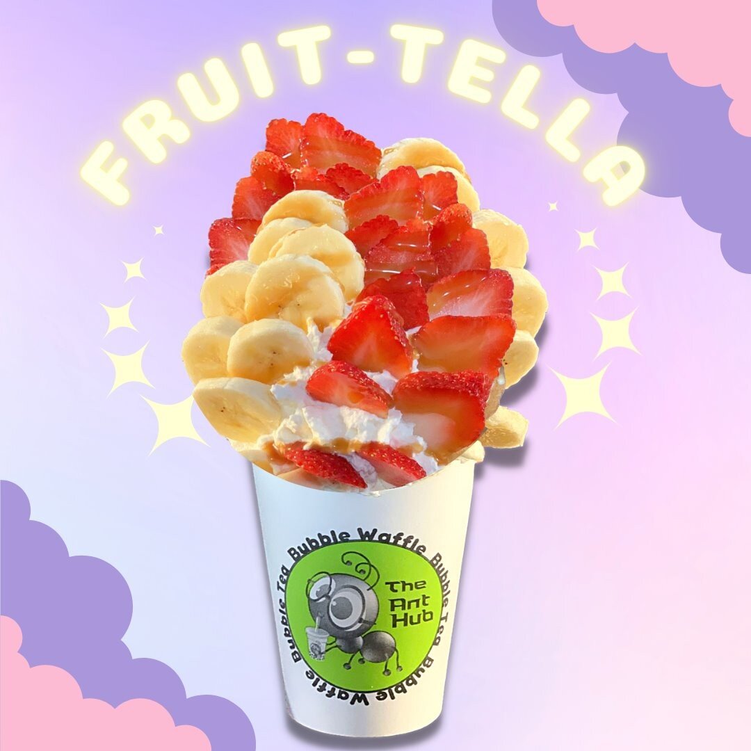 Fruit-tella Bubble Waffle - Strawberry, Banana, your choice of ice cream and sauce. Add some Poki Sticks and Nutella for love 😍

⏰ Open Monday to Saturday 11 am to 10 pm
🐜 750 N Archibald Ave # E, Ontario, CA
📞 909-321-0273
🥤 www.theanthub.com/me