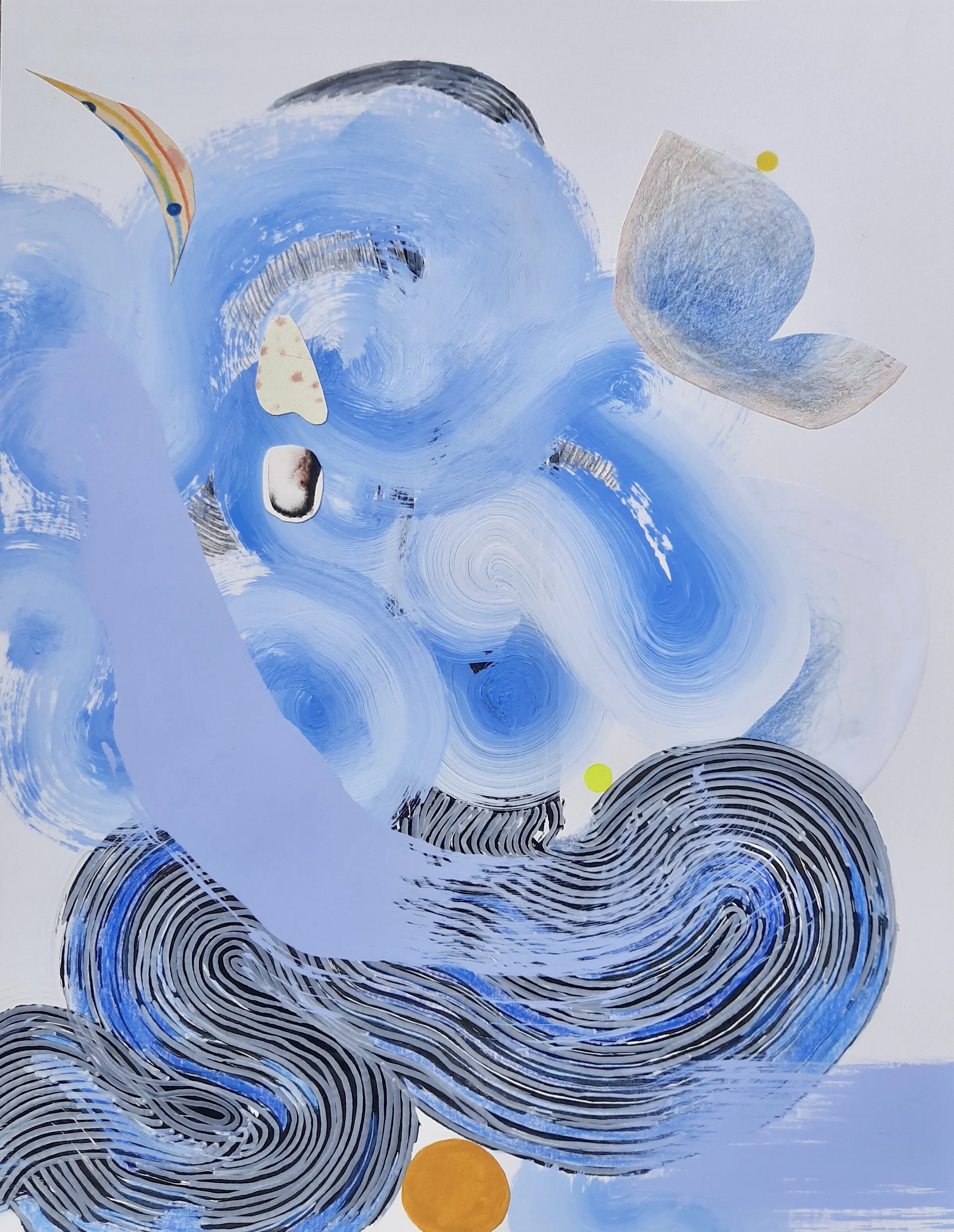 “Opening II” Acrylic, sumi ink, colored pencil, house paint, watercolor 11 x 14 inches 2020