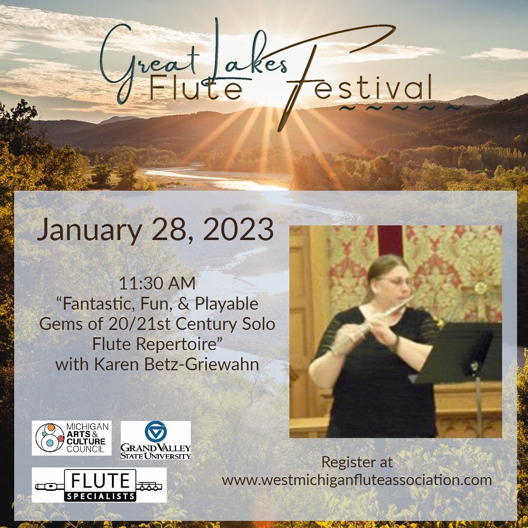 Join WMFA board member Karen Betz-Griewahn and students for a presentation featuring lesser-known solo flute works that are fun, interesting to play, and 
accessible to flutists of intermediate to advanced abilities.  From great study pieces to other