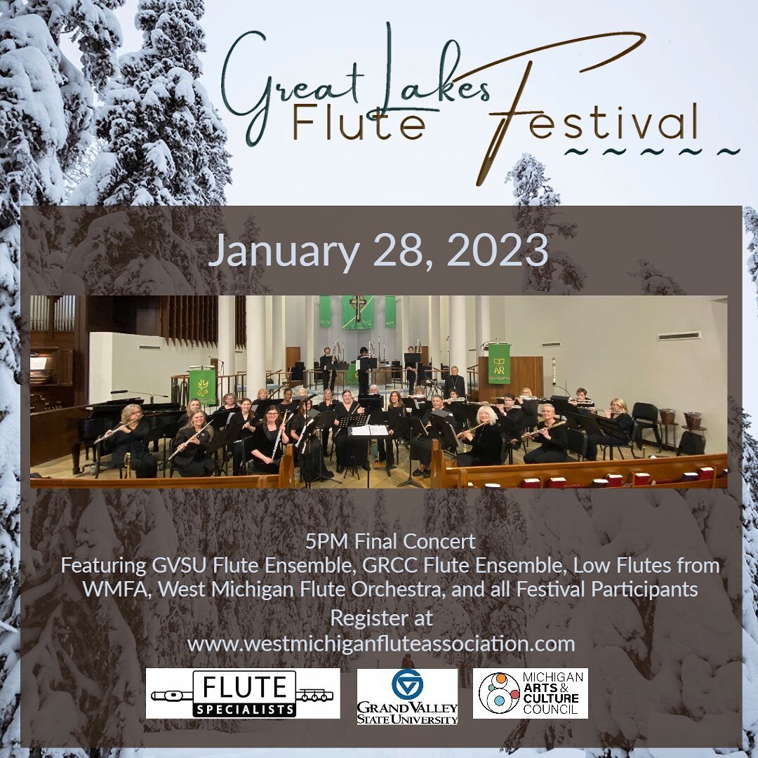 The 5:00 performance of the Great Lakes Flute Festival is free and open to the public! Come see flute ensembles from Grand Rapids Community College, Grand Valley State University, the West Michigan Flute Orchestra, and a piece with ALL Festival parti