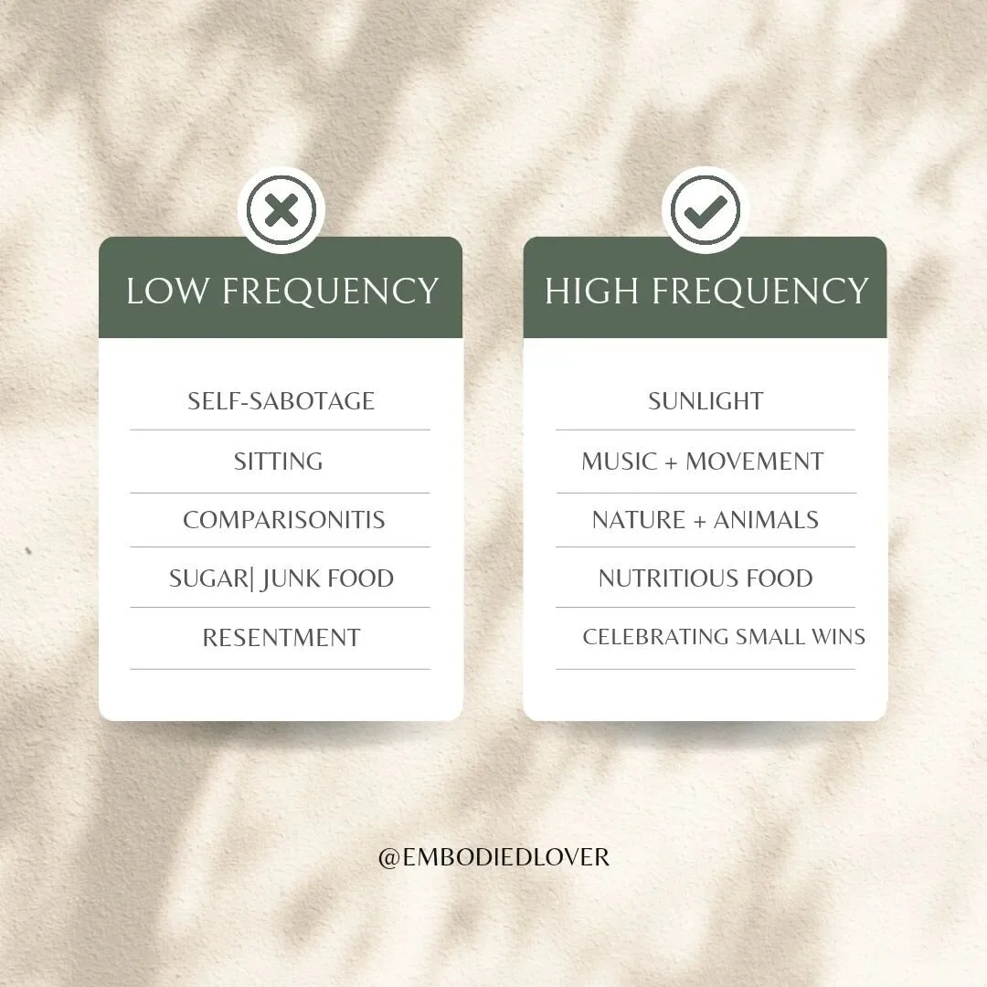This list doesn't even tip the surface of what invites high frequency energy into our lives or what may create an energy vampire. 

Just like we go to the gym to increase our strength + flexibility on our arms, legs or abs, we can also work on our Me