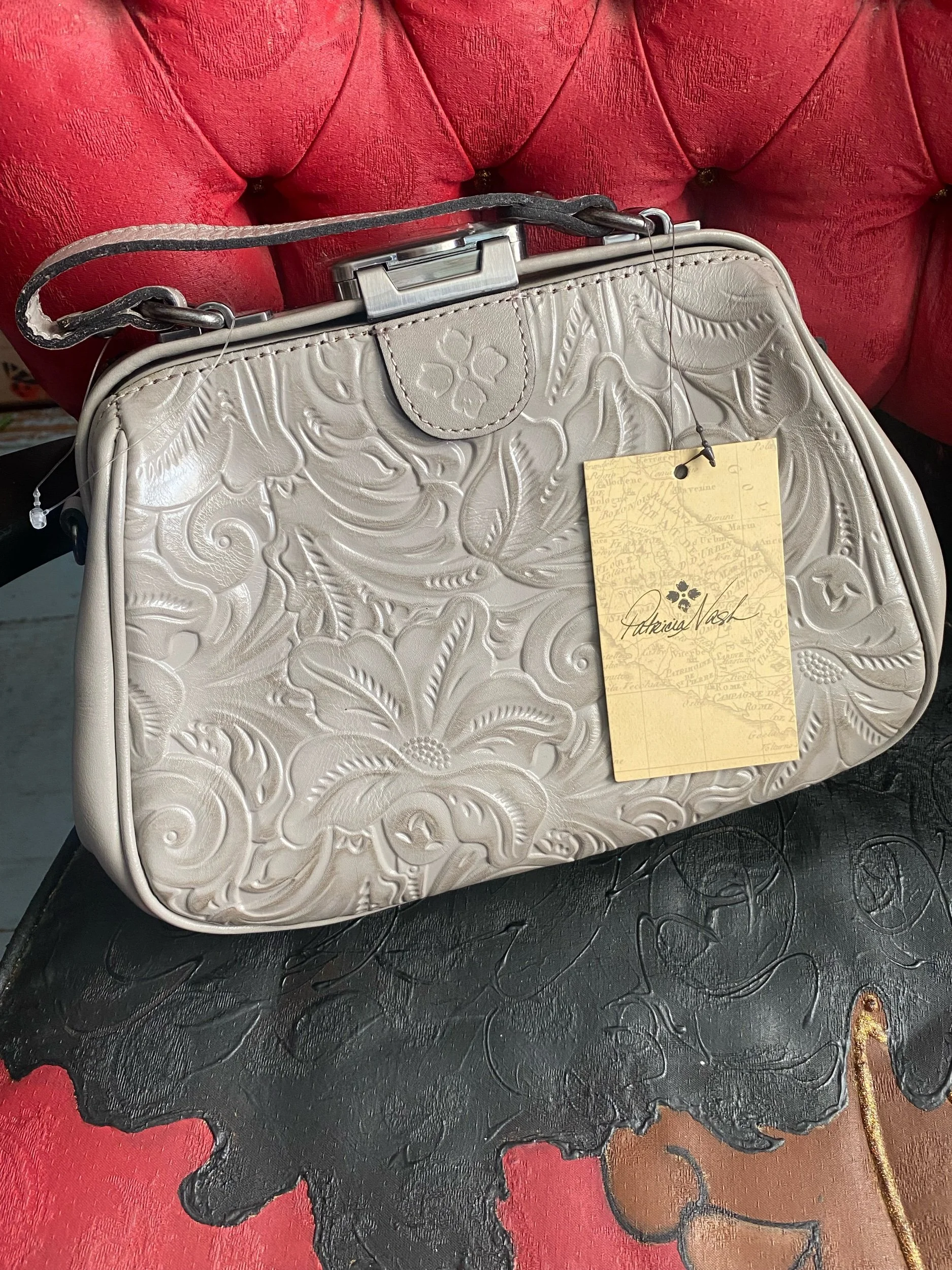 Patricia Nash Grey Tooled Leather Satchel Handbag