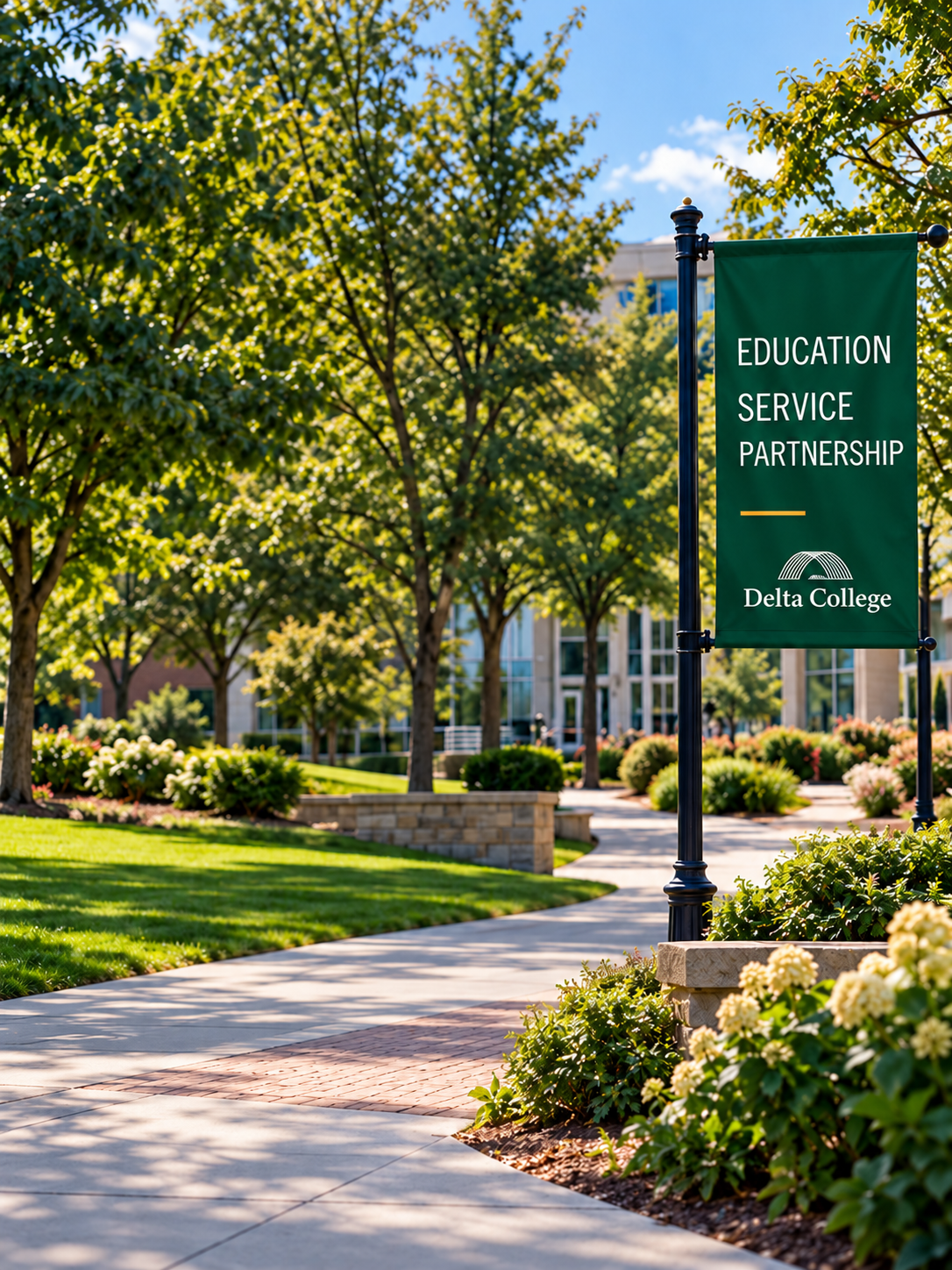 Delta College Banner that says: education, service, and partnership