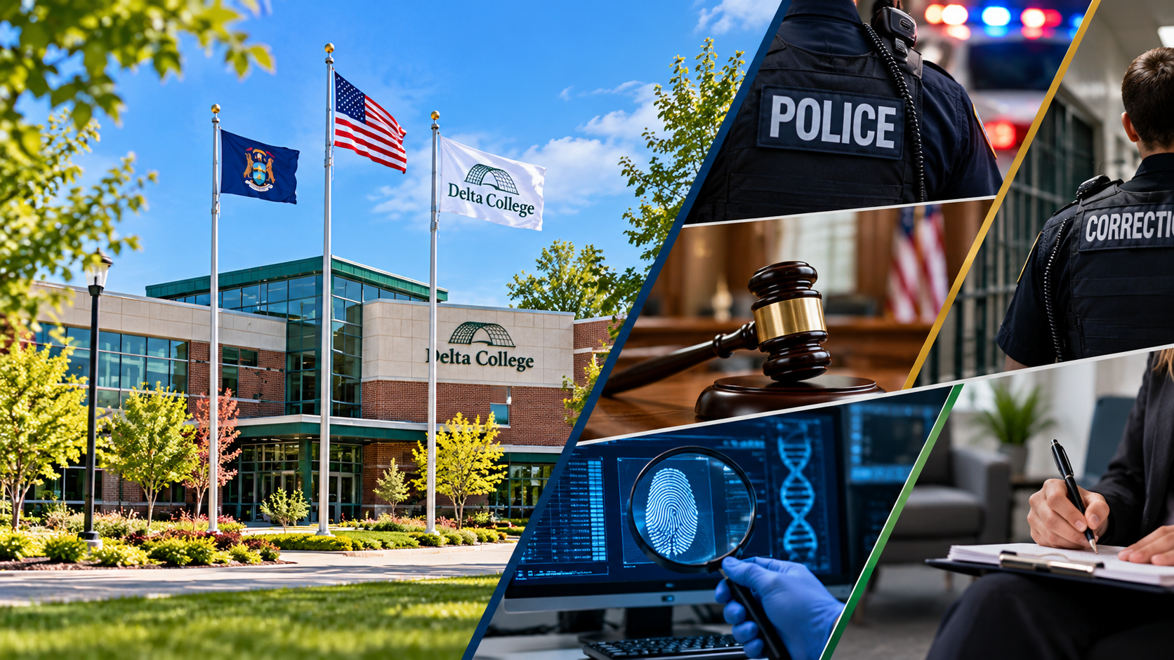 Delta College on the left with carious criminal justice careers on the right