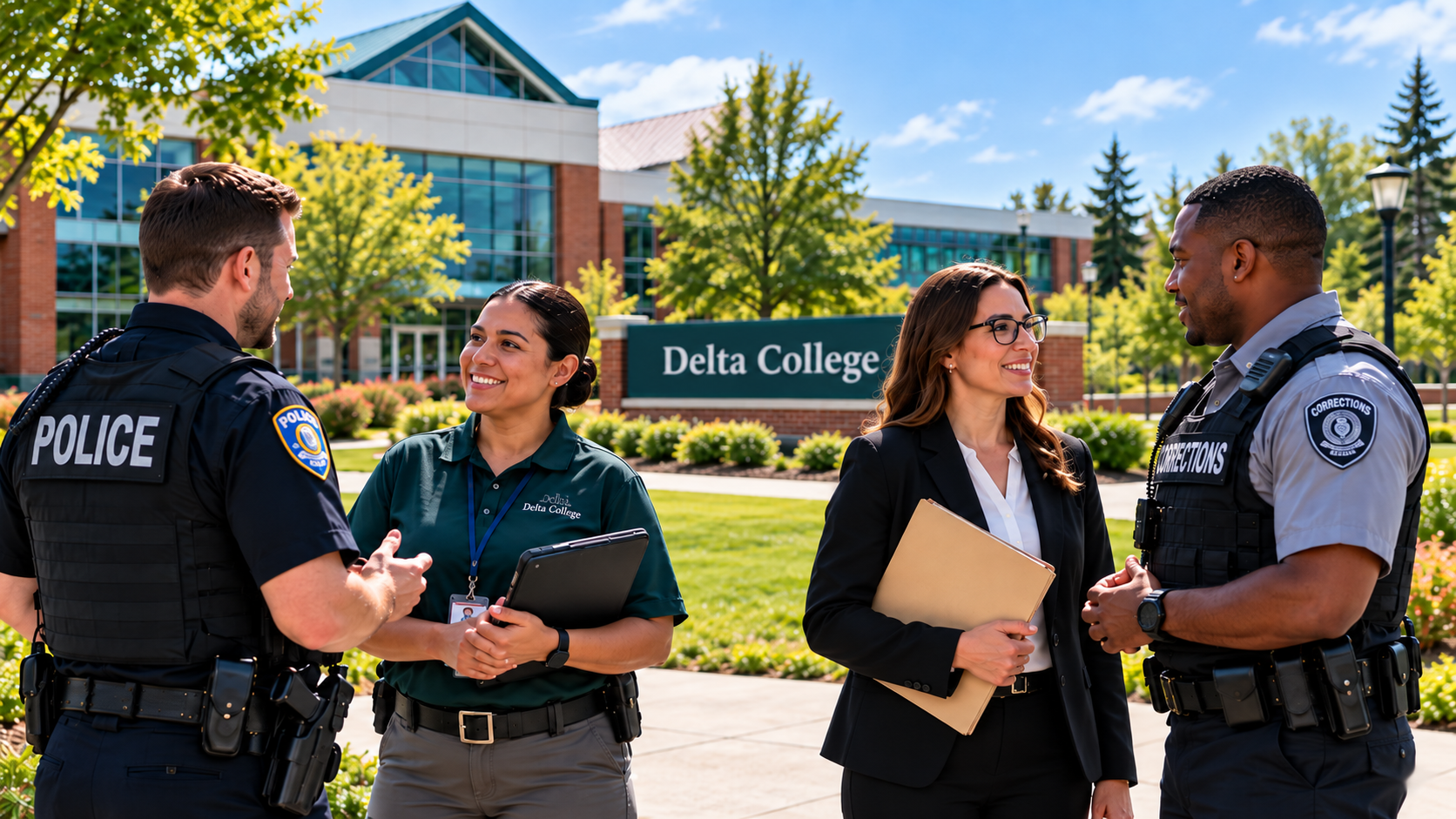 Police officer talking to a Delta instructor as well as a corrections officer talking to court personnel outside of Delta College