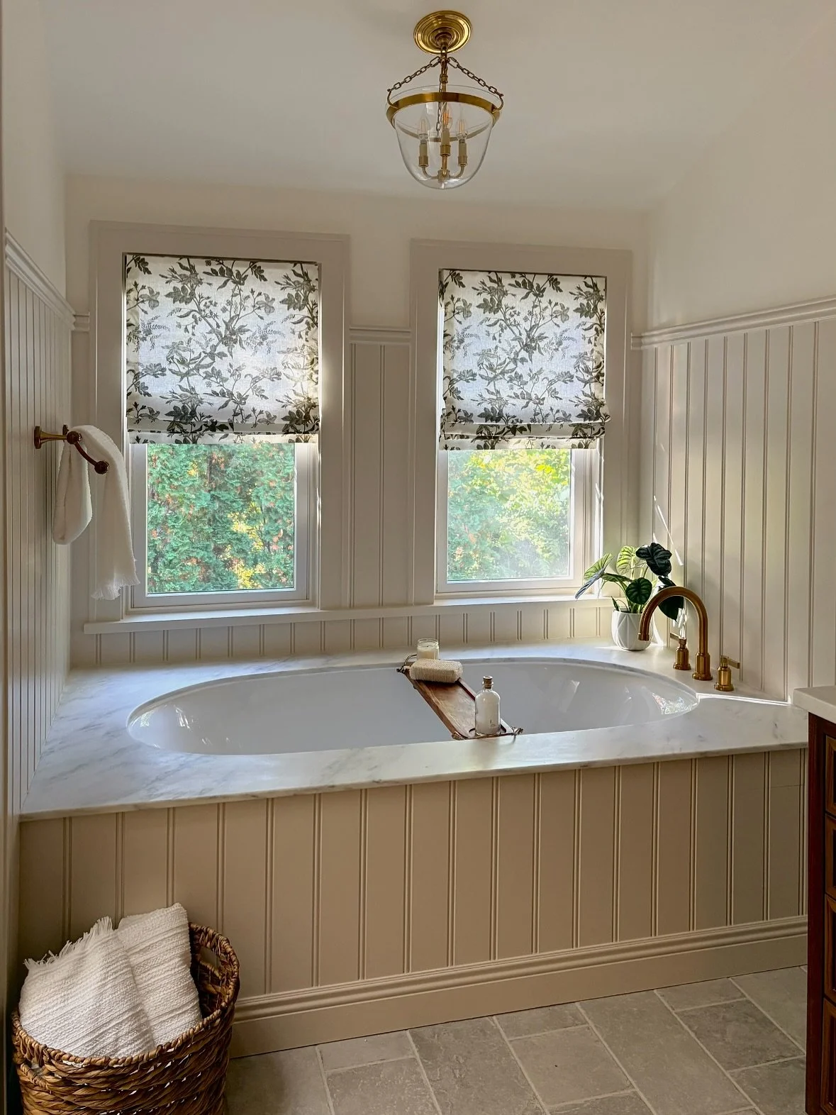 progress photos from our client of this serene primary en-suite we designed before maternity leave. finishing touches still to come &mdash; rug, wallpaper, lampshades, and accessories &mdash; but it&rsquo;s always so nice receiving in-situ photos fro
