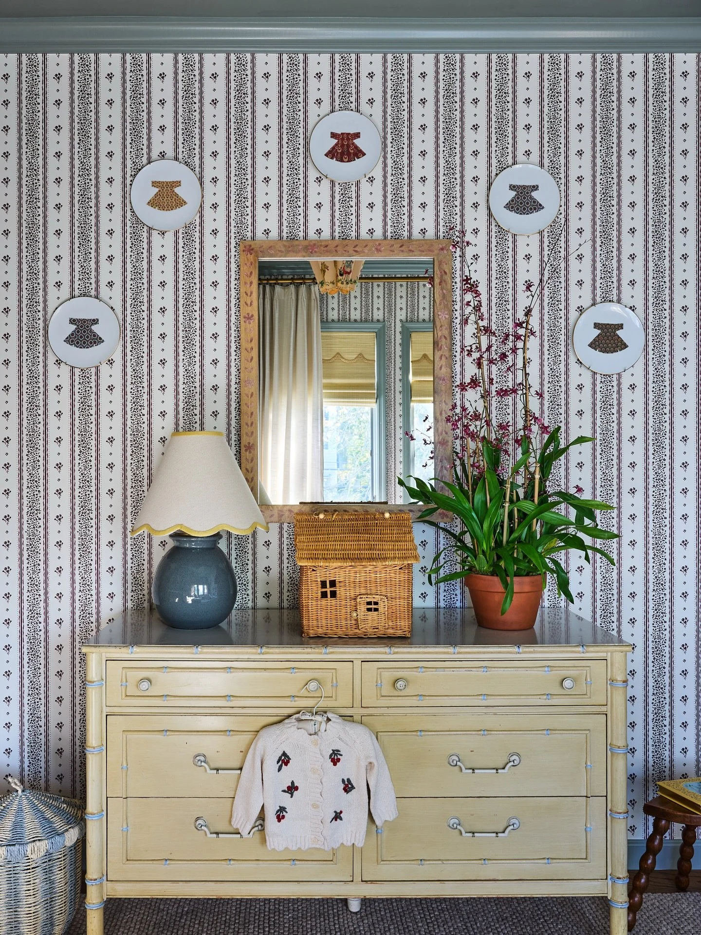 A sneak peek at a side-by-side dresser moment in my kids&rsquo; rooms ✨ Both bedrooms are layered with vintage pieces, patterned walls, and collected details, like the set of vintage baseballs an antique dealer gifted my son during our many treasure 