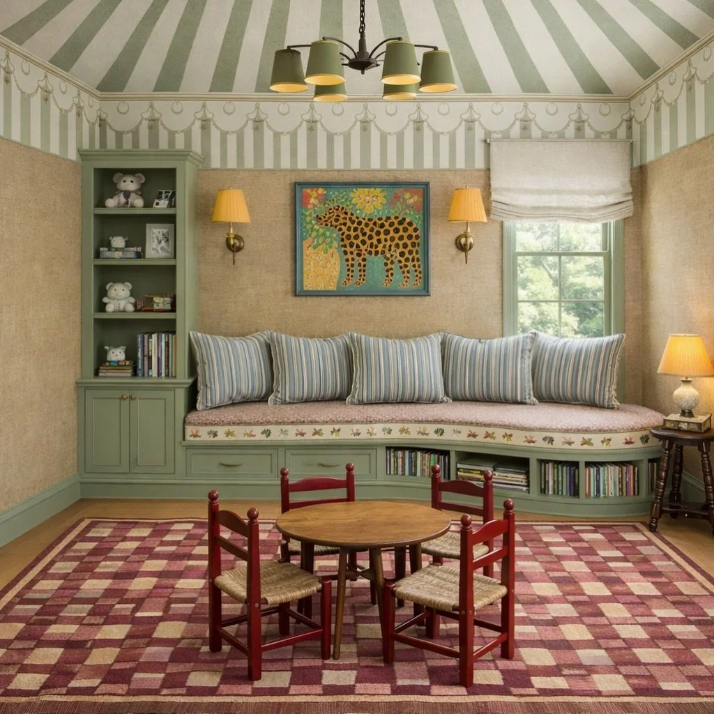 A rendering of a children&rsquo;s playroom in the works for our philly project. With 10&rsquo; ceilings, we introduced a tented effect to visually lower the height and create a more intimate, cozy feel. Custom built-ins and a curved bench integrate s