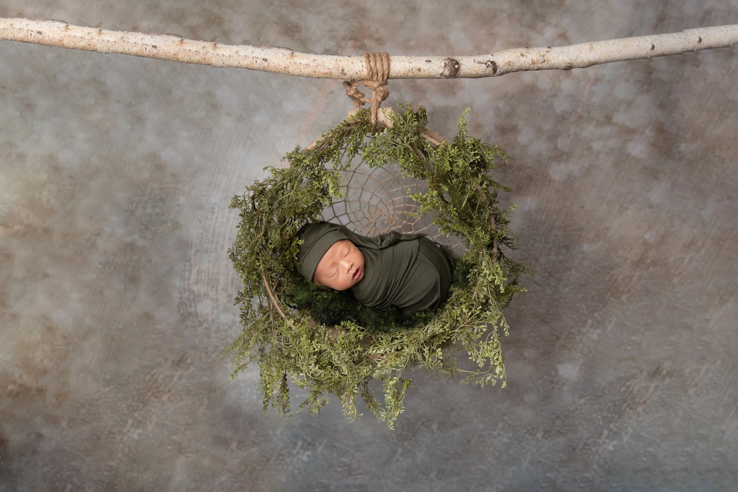 A sleeping baby wrapped in a green blanket, lying in a nest made of greenery and twigs, hanging from a branch.
