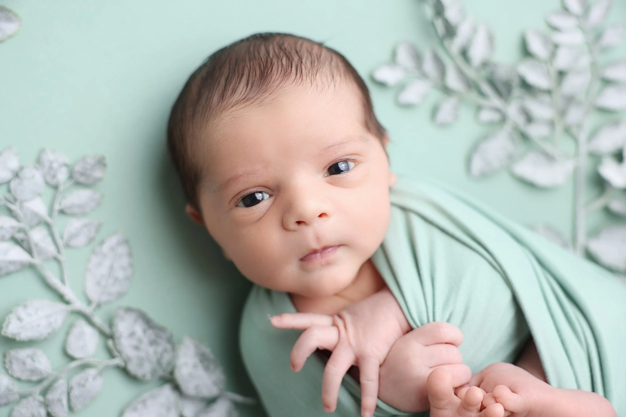 Close-up of a newborn baby lying on a mint green surface, surrounded by white decorative leaves, wearing a light green onesie, looking at the camera.