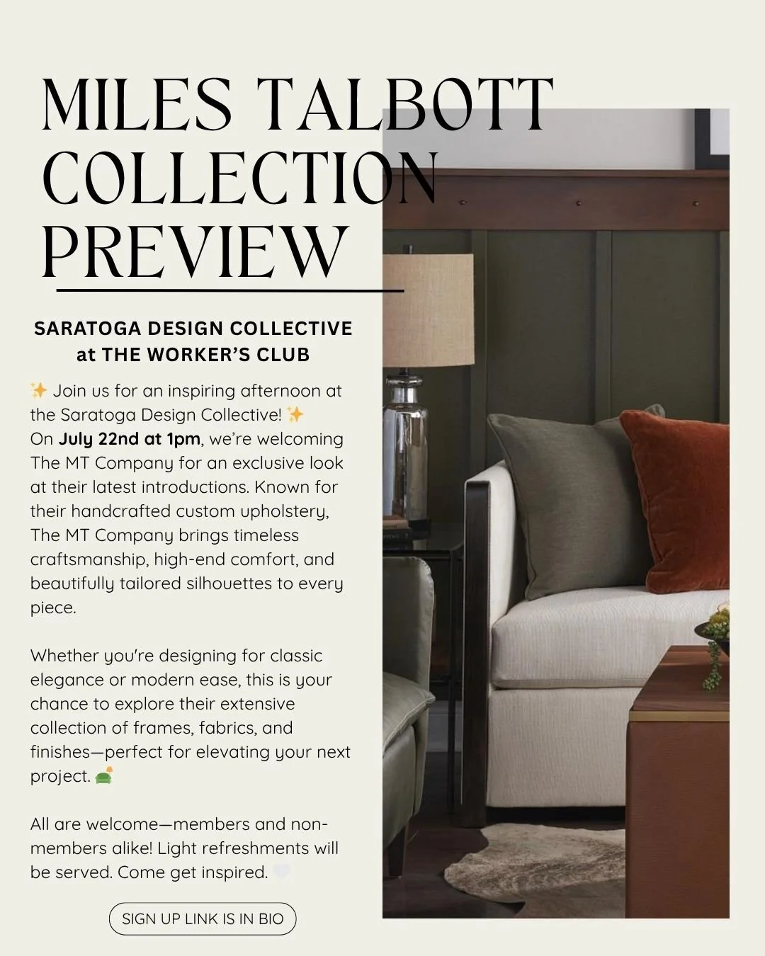 ✨ Join us for an inspiring afternoon at the Saratoga Design Collective! ✨

On July 22nd at 1pm, we&rsquo;re welcoming The MT Company for an exclusive look at their latest introductions. Known for their handcrafted custom upholstery, The MT Company br