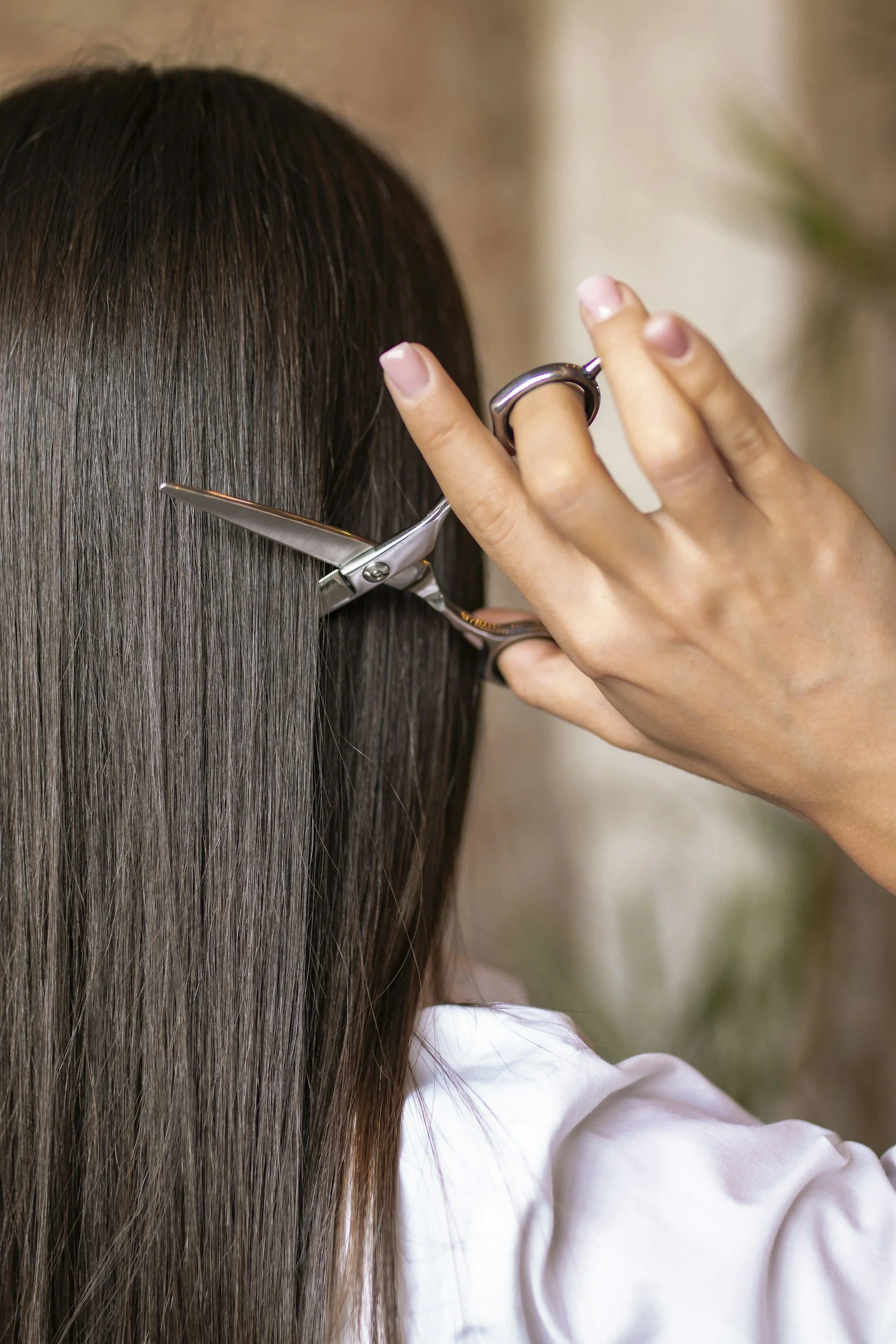 Back of woman with long brunette hair holding scissors behind her ear, ready to cut.