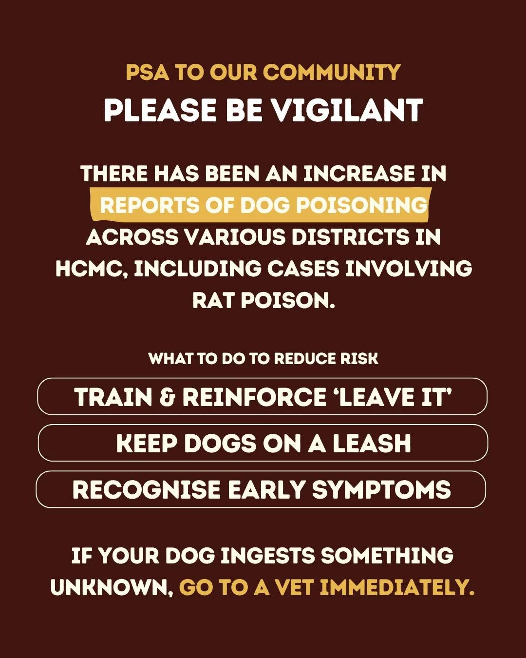 ⚠️ A note for our HCMC dog community.

There have been recent reports of dog poisoning across multiple districts in Ho Chi Minh City, including cases involving rat poison.

This can happen to any dog and any family, no matter how careful and loving y