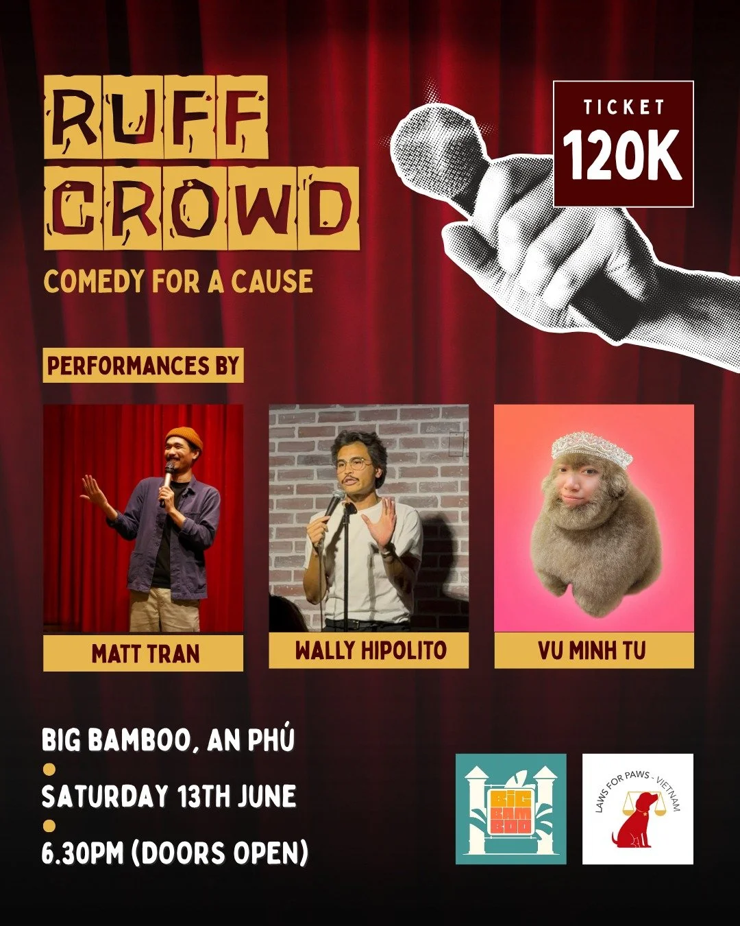 🎤🐾 Ruff Crowd just got more wild!
Get ready for a big night of comedy for a great cause!

Joining stand-up comedian @matthewtran.lol is;
@wallyhipolit0 - an international comic from San Francisco CA. Performer and writer for the hit show, the Bear.