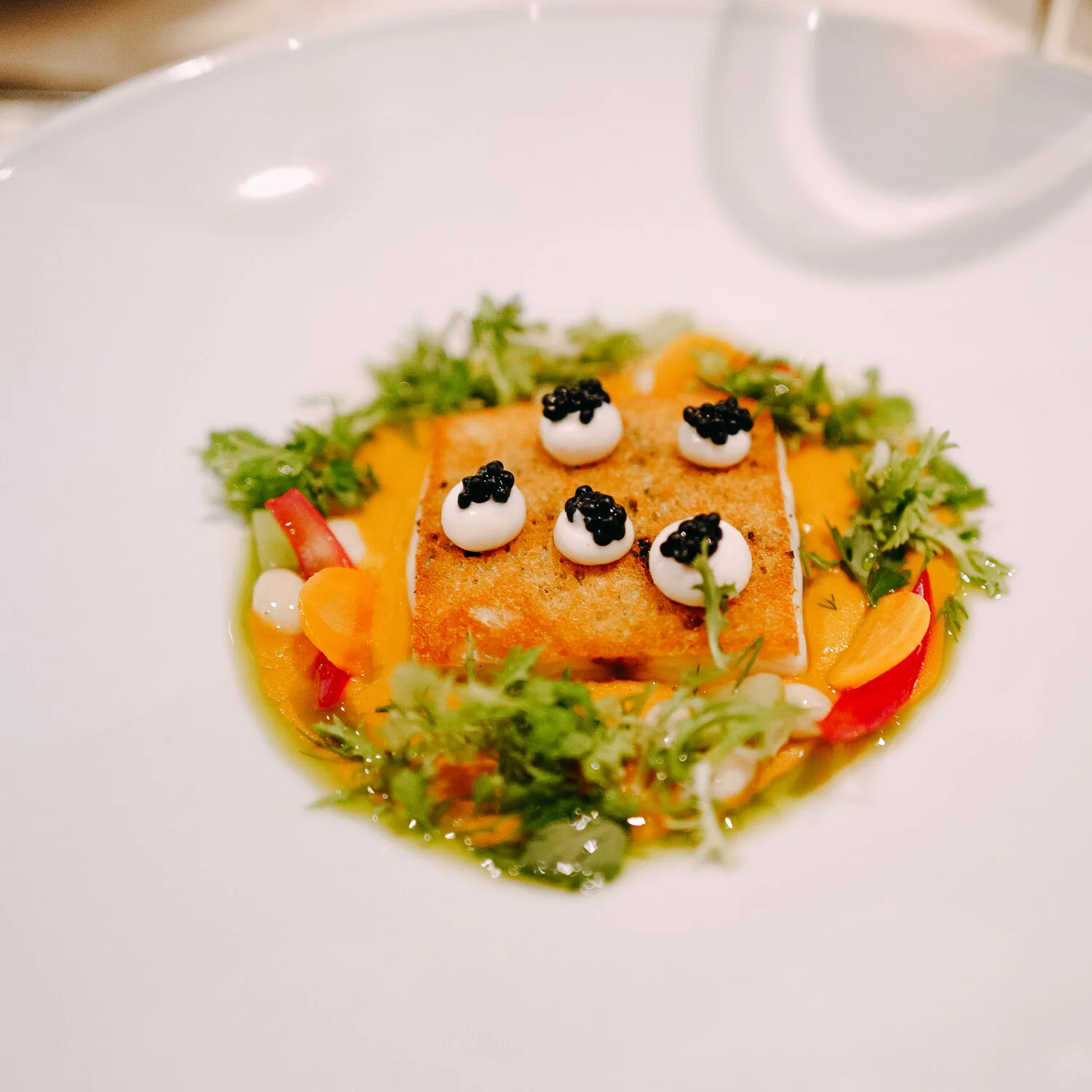 SEA BASS IN BREAD CRUST. Smoked herring salad, white beans cream, celery, carrot.