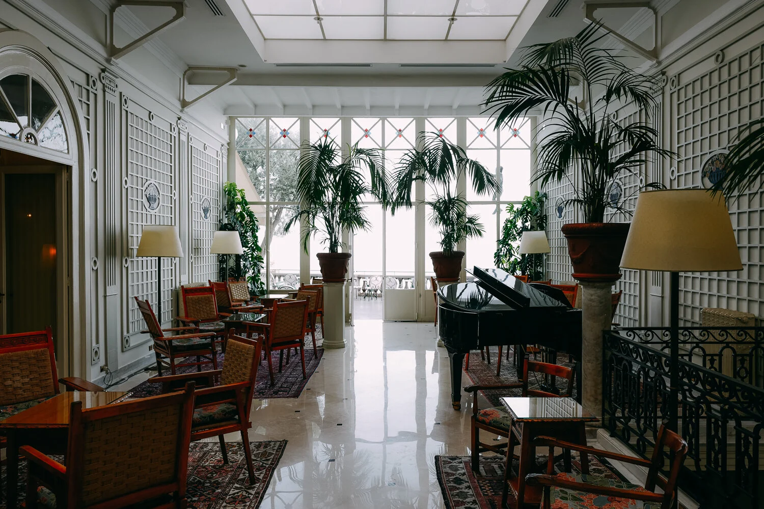 Extended hotel lobby/lounge area.