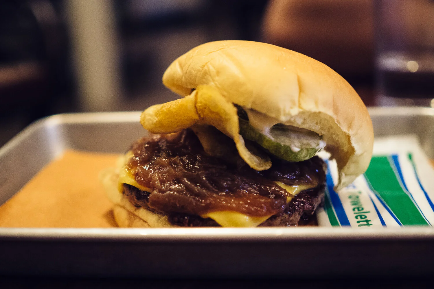 Burger. Dry aged beef, buffalo pickles, onion soup mayo, foie gras, jalapeño chips