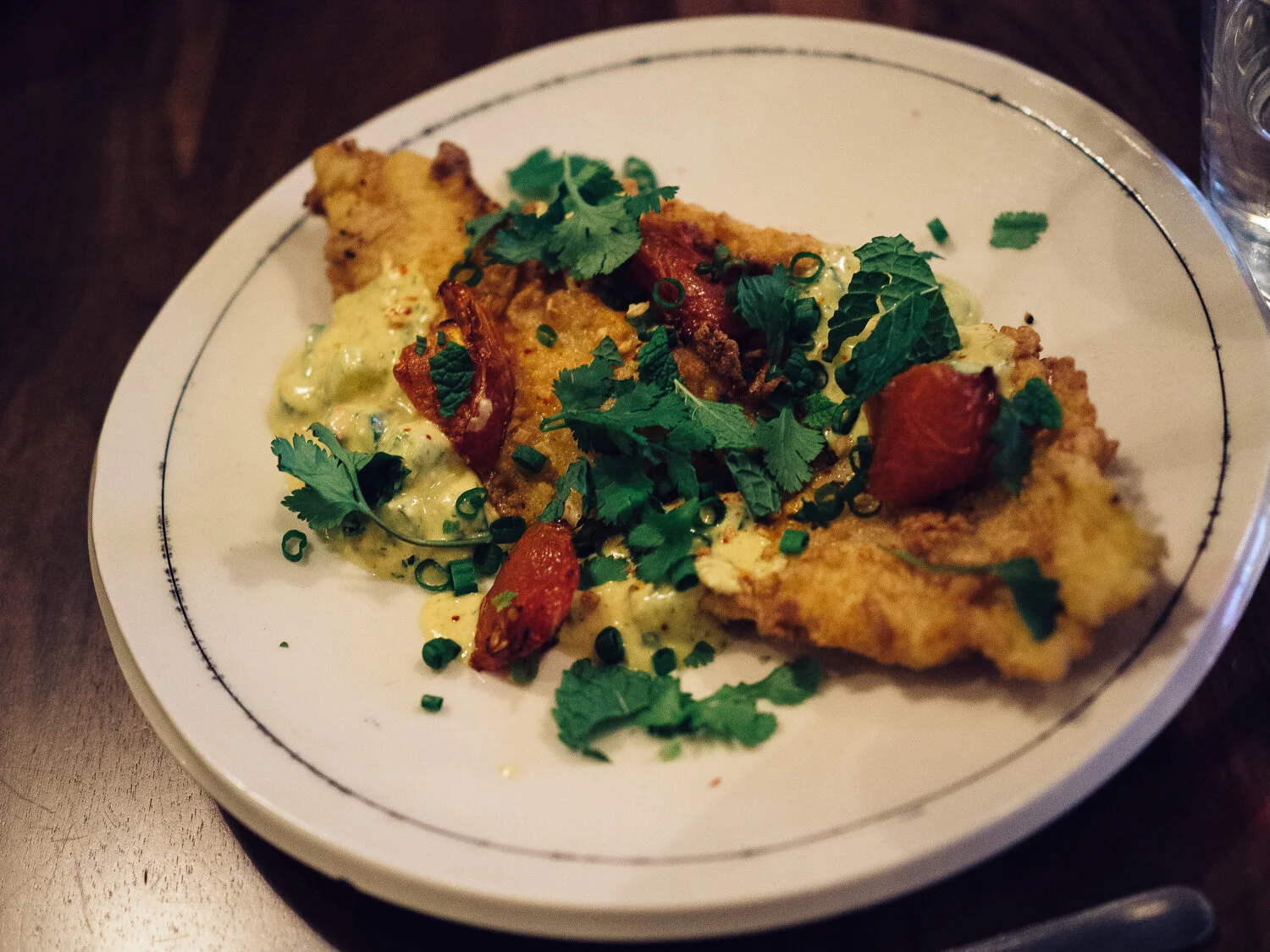 Tikka Masala Fried Sole. Curry yogurt, cilantro, chili.