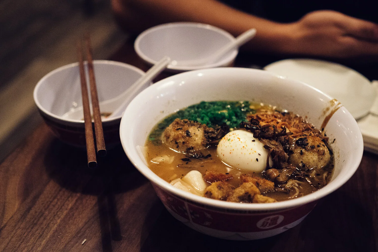 Matzo Ball Ramen. Chicken broth, burnt onion, schmaltz tare, corn, spicy chicken. (Warning: NOT a "small plate" dish!)