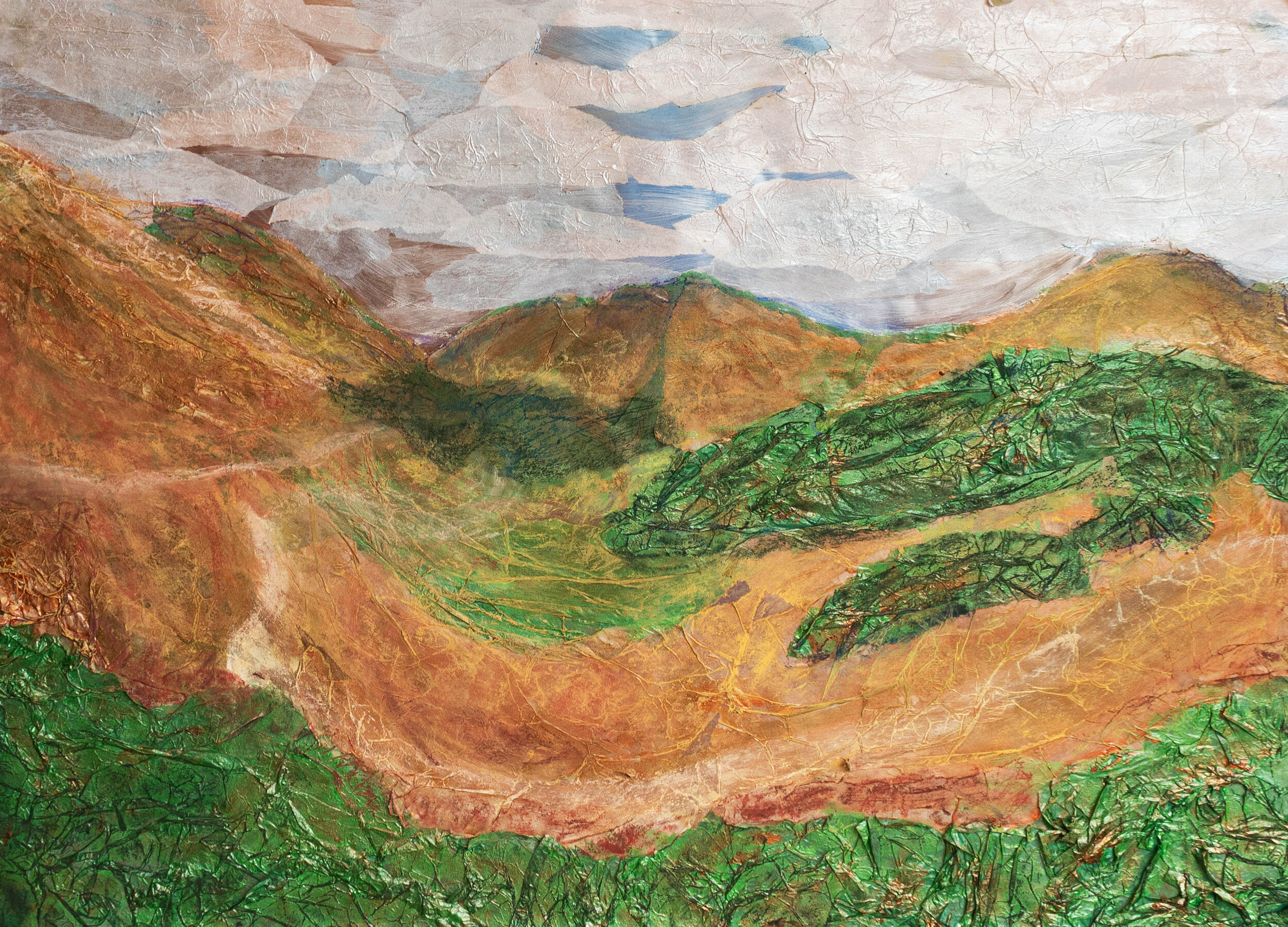 tissue paper and mylar collage; Scottish Highlands; April 2021