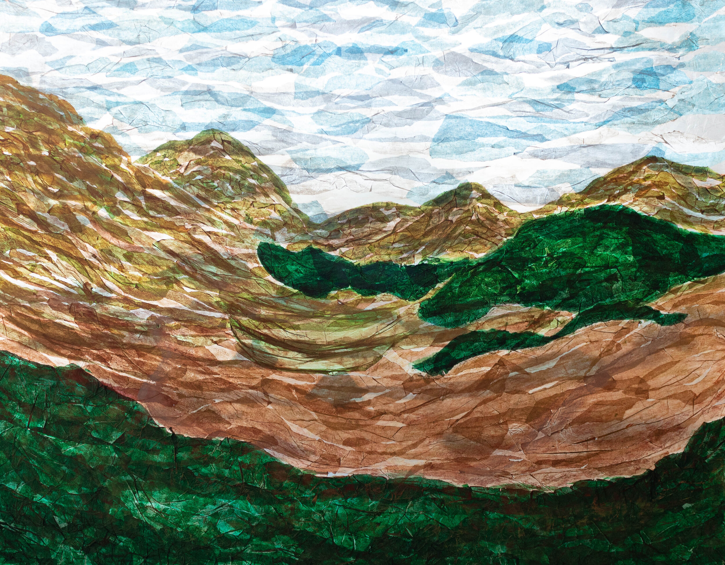 4'x5' tissue paper and mylar collage with daylight shining through; Scottish Highlands; April 2021