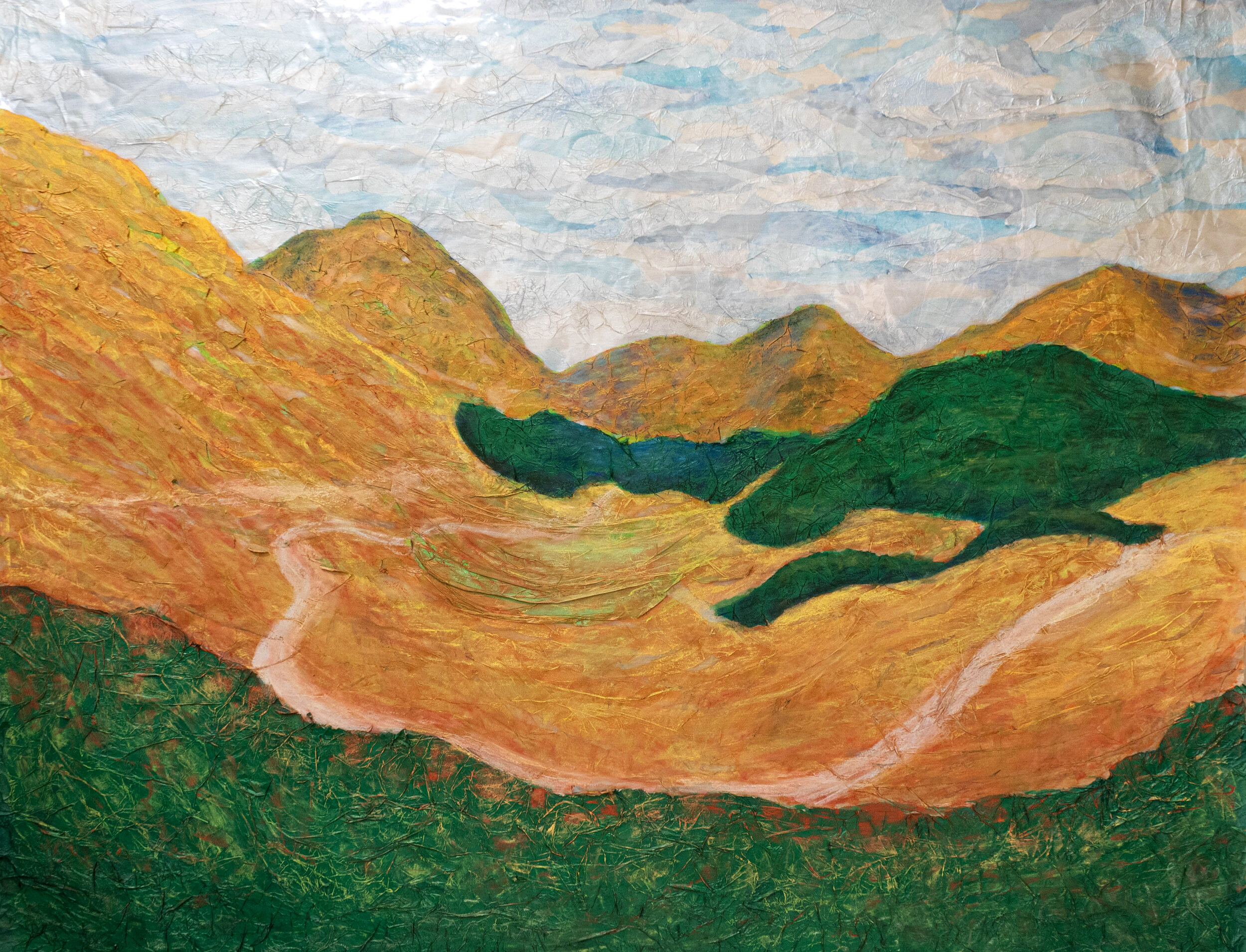 4'x5' tissue paper and mylar collage; Scottish Highlands; April 2021
