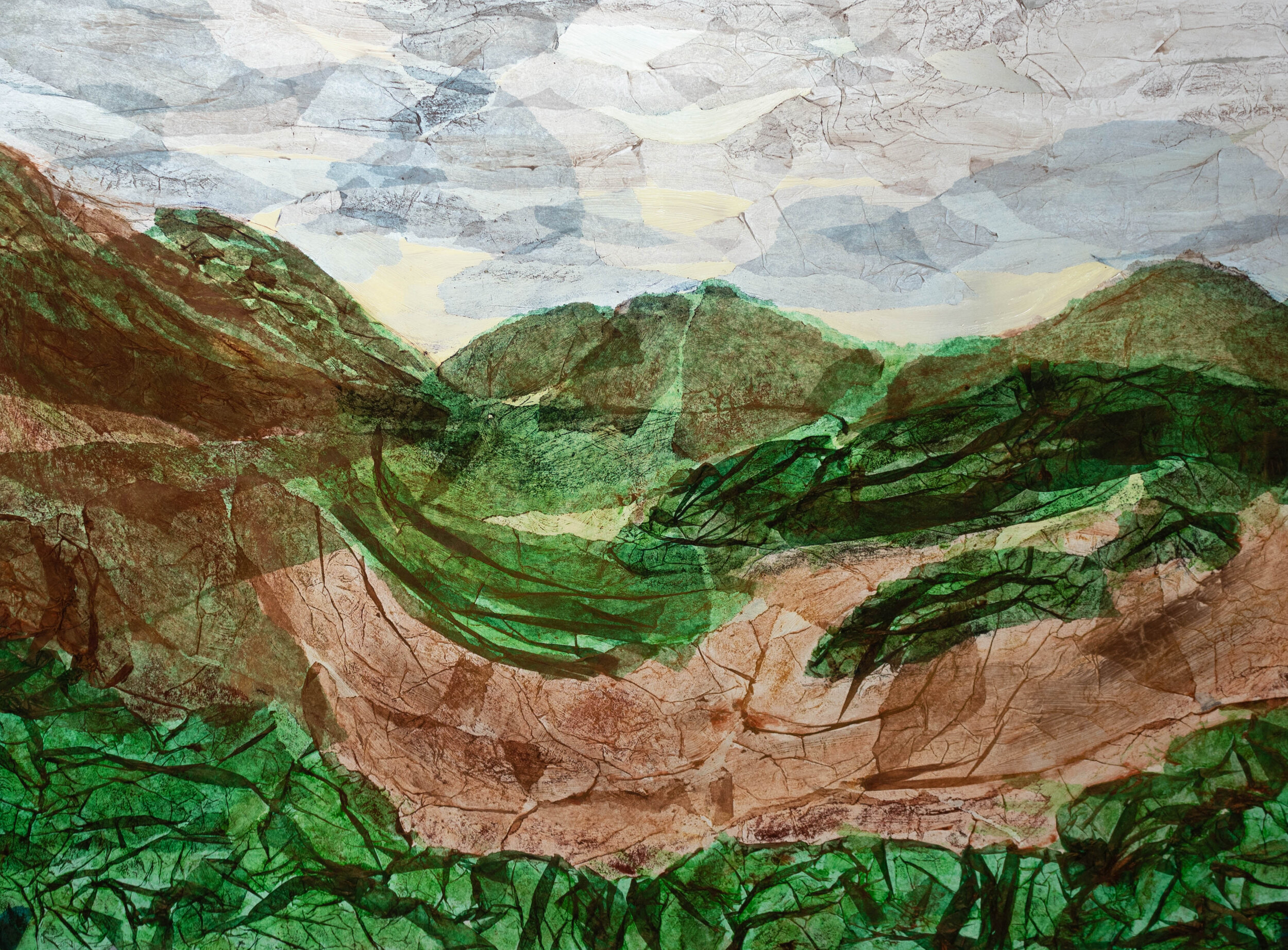 tissue paper and mylar collage with daylight shining through; Scottish Highlands; April 2021