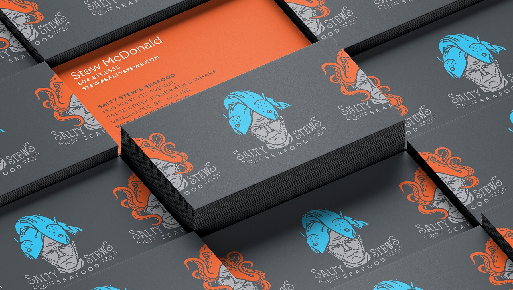 Grey, orange, and blue business cards