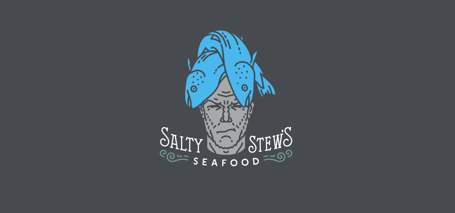 Monoline logo of fisherman with 2 blue fish on his head