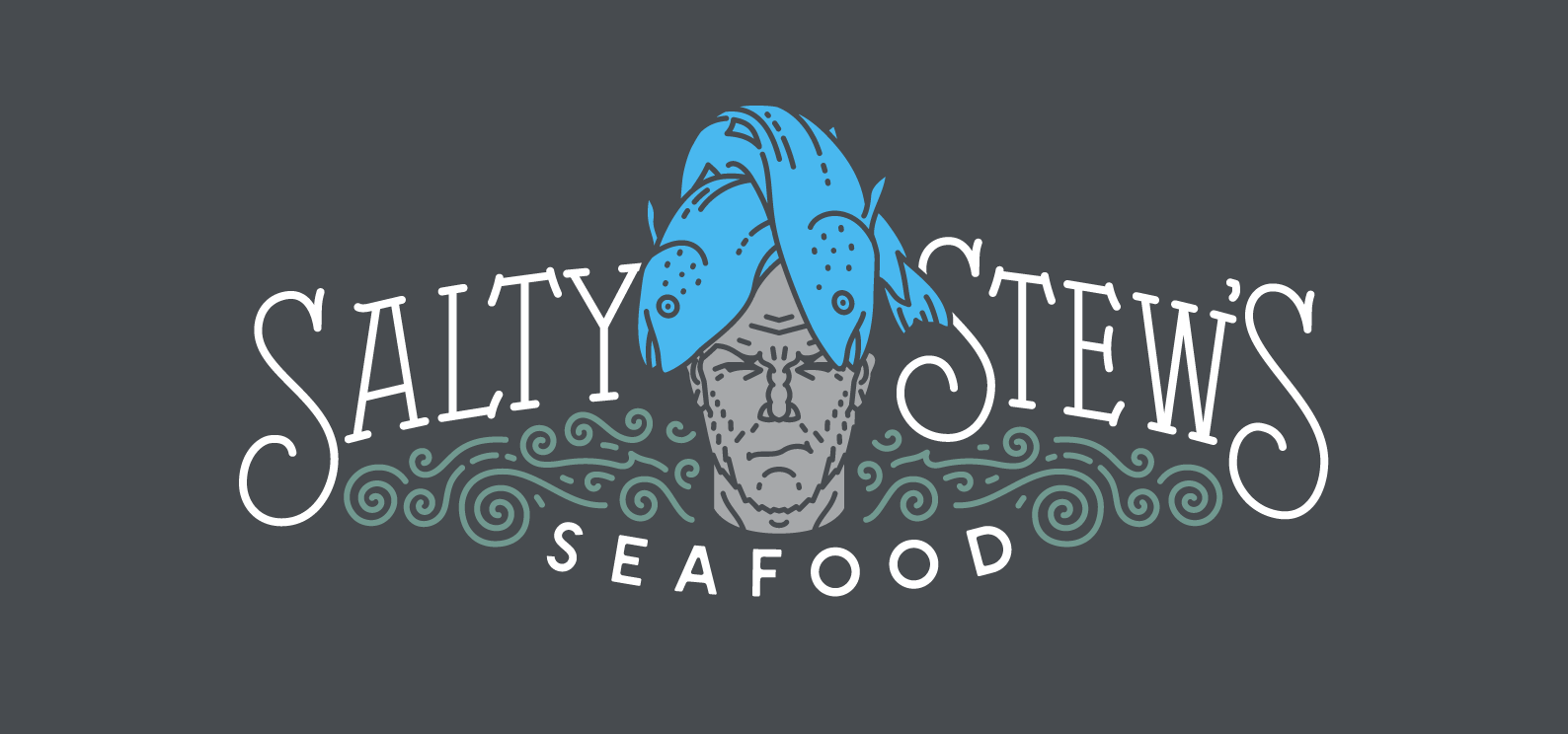Monoline logo of fisherman with 2 blue fish on his head