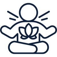 Outline of a person meditating in a lotus position with a glowing heart and energy lines around their head.