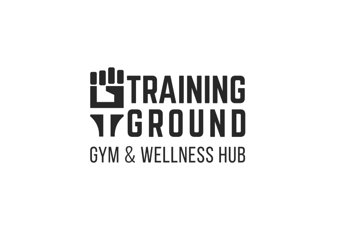 Logo for Training Ground Gym & Wellness Hub with a stylized fist and text in black.