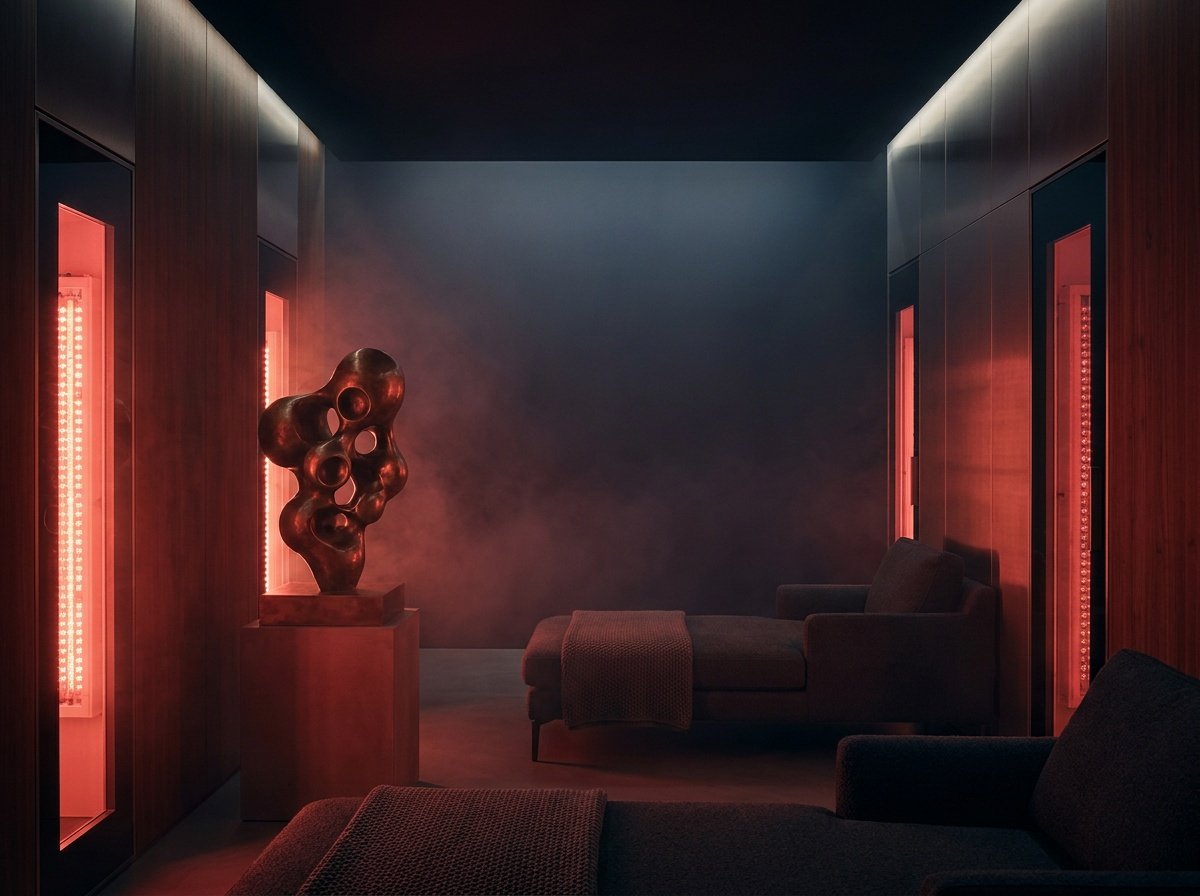 A modern spa-like room with dark wood paneling and red lighting. There are two chaise lounges, a sculpture with bubble-like holes on a pedestal, and lights in the walls emitting a red glow.
