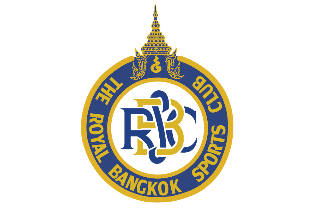 Logo of the Royal Bangkok Sports Club, featuring a circular design with Thai temple architecture at the top, a blue and gold color scheme, and the text "THE ROYAL BANGKOK SPORTS CLUB" surrounding the central monogram.