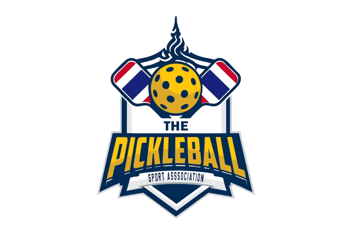 Logo of Thailand Pickleball Sport Association featuring a yellow pickleball with black dots, crossed paddles, and bold yellow and blue text.